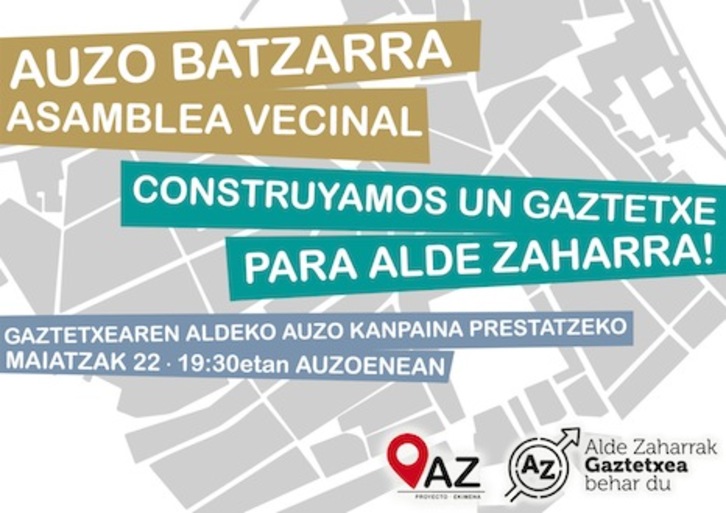 Cartel de la convocatoria de asamblea popular sobre un gaztetxe en Alde Zaharra de Iruñea.