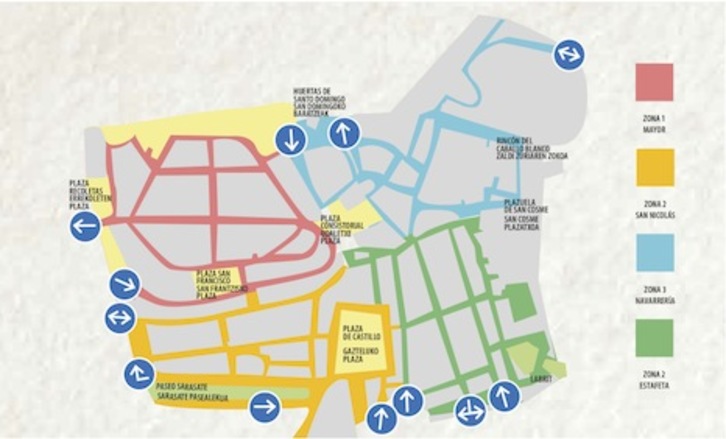 Mapa con los accesos a Alde Zaharra de Iruñea. (AYUNTAMIENTO DE IRUÑEA)