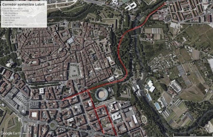 Mapa con una propuesta de corredor del Labrit de Iruñea. (AYUNTAMIENTO DE IRUÑEA)