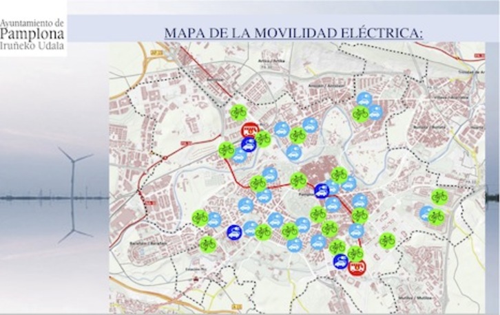 Mapa de la movilidad eléctrica de Iruñea, que se espera esté implantado para 2020. (AYUNTAMIENTO DE IRUÑEA)