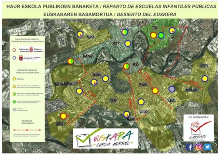 Mapa que recoge los itinerarios que tienen que realizar las personas que se deciden por el euskara en las escuelas infantiles de Iruñea.
