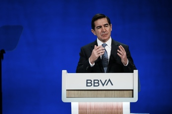 El presidente de BBVA, Carlos Torres Vila, durante la Junta General de Accionistas de este año en el Palacio Euskalduna de Bilbo