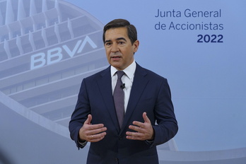 Carlos Torres Vila, presidente del BBVA, en la junta de accionistas en el Euskalduna de Bilbo de 2022.